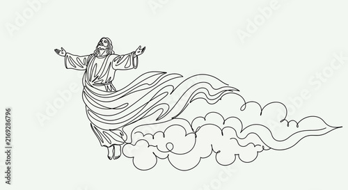 Jesus Ascending to Heaven, Line Art Illustration with Clouds