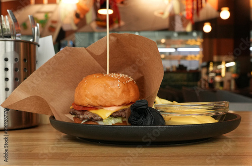 Craft cheeseburger in paper, fries, sauce and black gloves on a plate. Warm blurred restaurant background. Perfect for fast food menus, cafe advertising, or street food blogs.