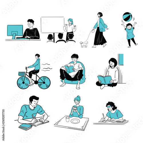 Everyday People Daily Activities Hand Drawn Illustration Set