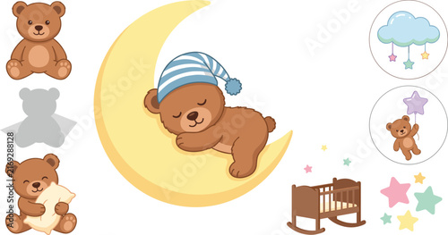 Cute Sleeping Teddy Bear Nursery Vector Clipart Set with Moon Stars Cradle Hanging Cloud and Balloon For Baby Shower Graphic Designs