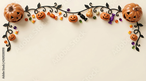 Halloween border with pumpkins and candy on a light background for festive seasonal design.