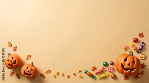 Halloween Jack-o'-lanterns and candy border for festive celebration