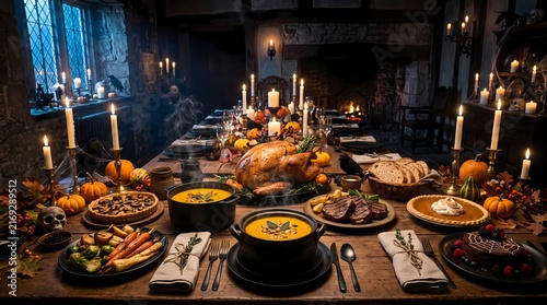 Rustic Autumn Feast with Roasted Turkey and Pumpkins in Dark Gothic Dining Room