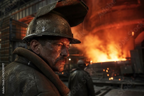 Male steelworker wearing protective helmet and heat resistant clothing near glowing molten metal in a steel mill. Heavy industry labor and workplace safety concept.