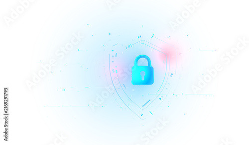 Cyber security digital neon lock shield protect secure privacy technology isolated on transparent png background