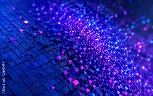 3D Abstract Digital Technology Background with Glowing Pixel Grid