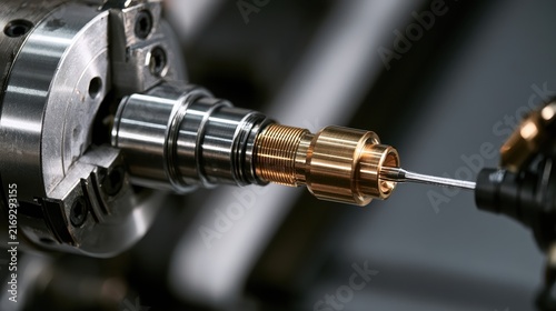 Precision metal part being machined on a CNC lathe in a bright workshop. Advanced manufacturing concept for industrial engineering ads.