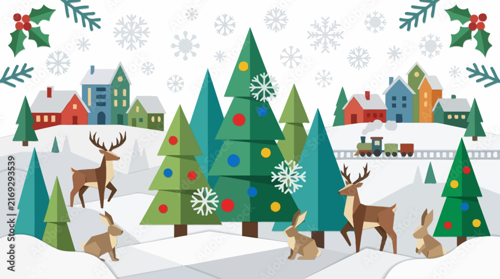 Naklejka premium Snowy village landscape with stylized pine trees and cute woodland animals during a peaceful winter season.