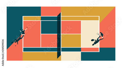 Aerial Court Tennis Geometric Abstract Match Players Top View Minimal Game Colorful Flat Competition Vector Illustration