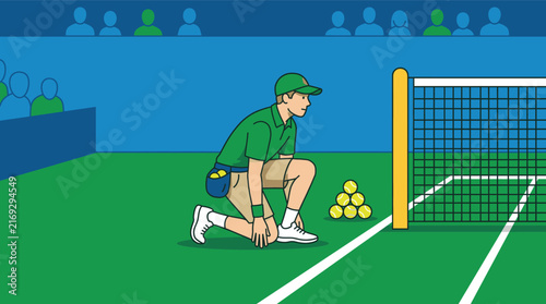 Ballboy Tennis Court Net Tournament Balls Assistant Match Kneeling Game Stadium Boy Service Official Vector Illustration