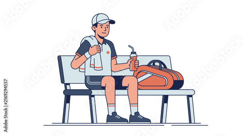 Tennis Player Resting Bench Drinking Water Bottle Hydration Court Sport Athlete Break Towel Match Vector Illustration