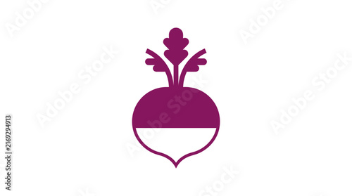 Minimalist purple radish icon with split color root and simple foliage design for healthy grocery store signage and farm to table menu layout elements.