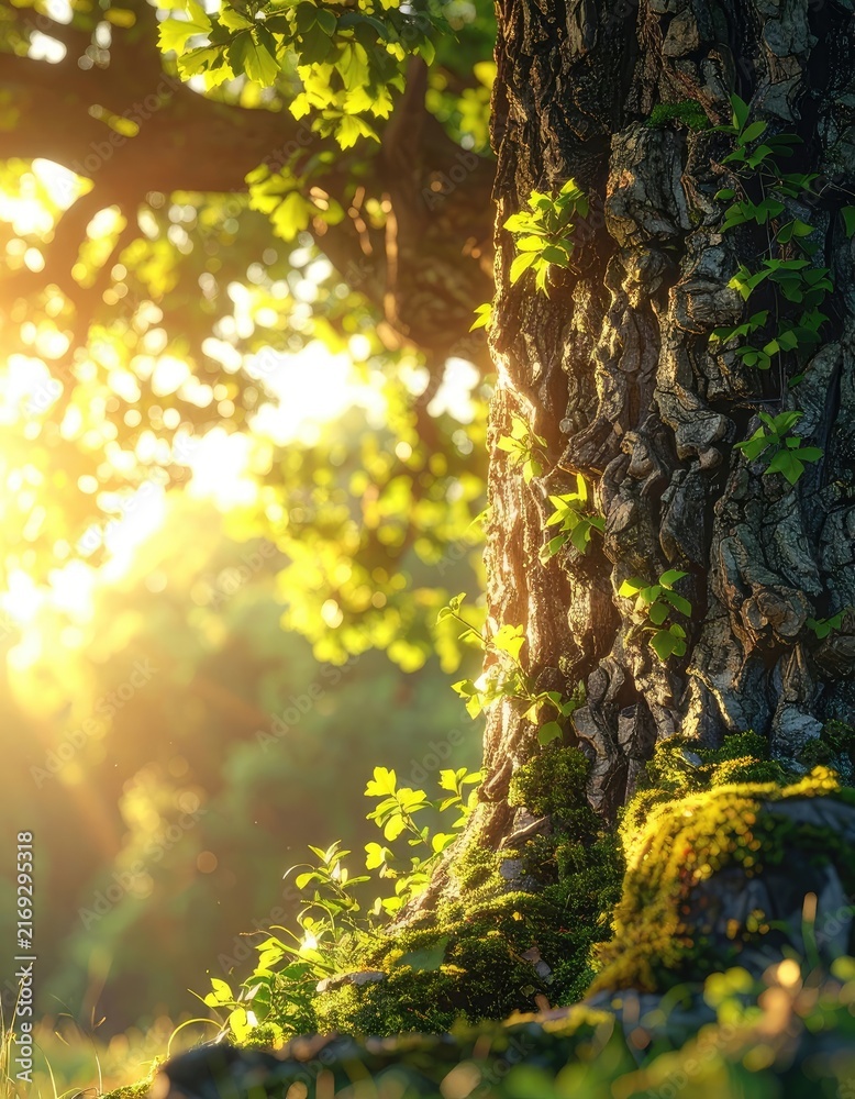 Fototapeta premium Sunlight filters through lush green leaves, illuminating a moss-covered tree trunk in a serene forest setting.