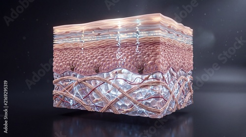 Cross section of human skin showing epidermis dermis collagen fibers and hydration process highlighting healthy moisturized and glowing skin texture in scientific medical illustration