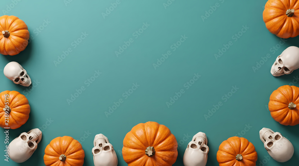 Fototapeta premium Halloween Pumpkins and Skulls Border on Teal Background with Copy Space