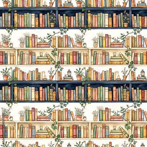 Watercolor seamless pattern with dark and wooden bookshelves, books, and climbing plants on white background