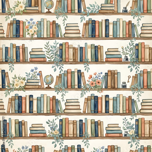 Watercolor seamless pattern with wooden bookshelves, books, globes, inkwells, and flowers on white background