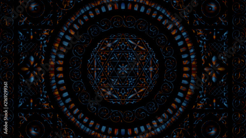 Cuadro en lienzo Intricate circular sacred geometry glows in blue and amber against a dark backgr