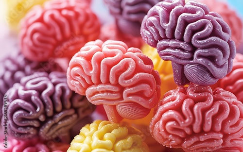 Colorful brain shaped gummy candies macro shot sugar coated gelatin sweets background image