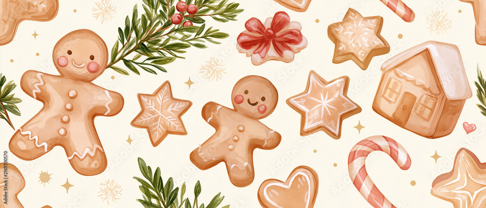 Obraz premium Festive Gingerbread Delights: A whimsical watercolor illustration captures a charming assortment of gingerbread cookies in various festive shapes, including gingerbread men, stars, hearts, houses.