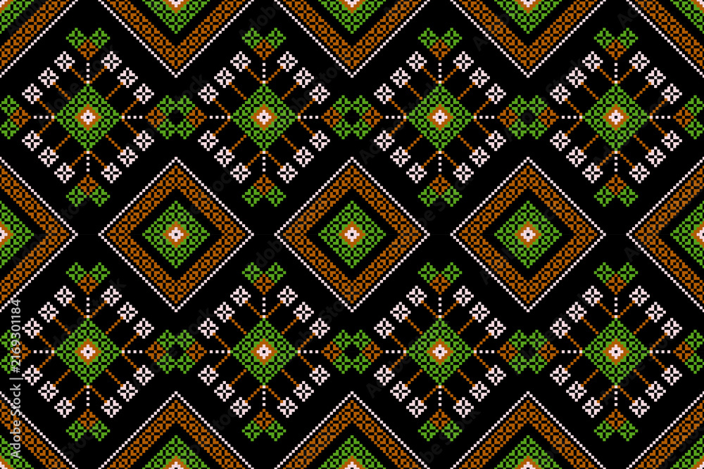 seamless pattern with geometric shapes
A seamless, traditional tribal border pattern featuring brown diamond and zigzag geometric shapes—along with pixel art elements—set against a black background. 
