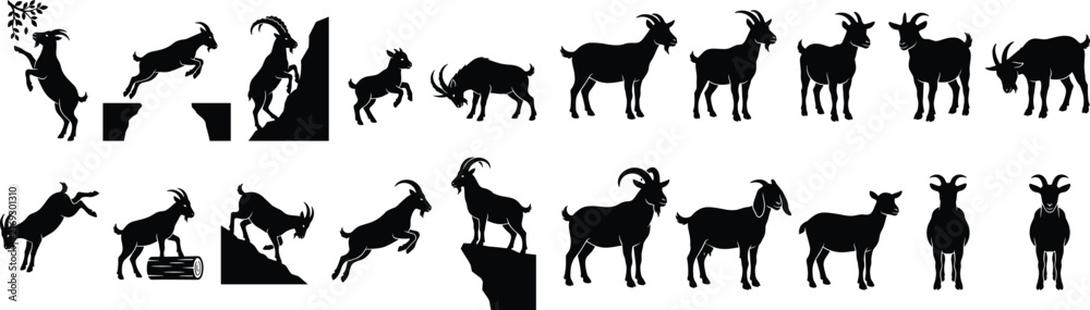 Fototapeta premium Mountain goat silhouette vector icon set featuring black billy goats, rams, ibex climbing cliffs, and wild farm animals for rural nature agriculture branding.