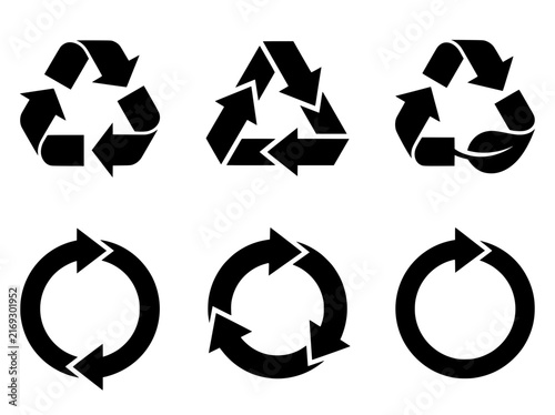Recycle symbol set with 6 black vector icons. Universal recycling signs and circular arrow symbols for eco-friendly packaging design.
