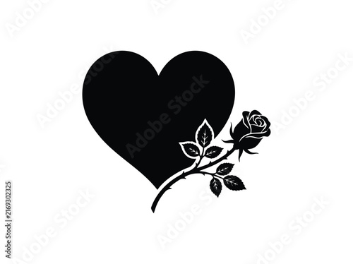 Vintage heart tattoo design with rose, black ink illustration, romantic love symbol icon, classic flash art style