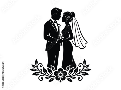 Wedding couple silhouette vector illustration. Elegant bride and groom with floral ornament. Romantic wedding invitation design element.