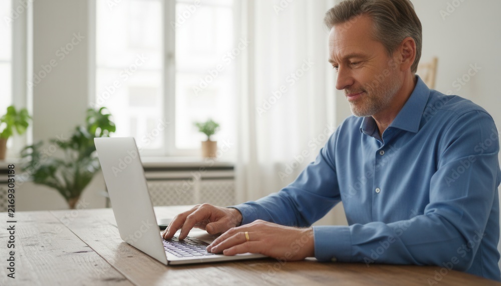 Fototapeta premium Mature European male entrepreneur smiling with quiet satisfaction as he successfully closes his laptop on a wooden desk