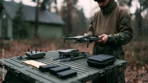 A person in military uniform assembling a drone on a table outdoors in a forest setting. The drone, remote control, and batteries are laid out, with a small building in the background