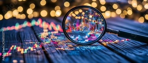 Magnifying glass over data visualization, city reflected, with bokeh background on wood