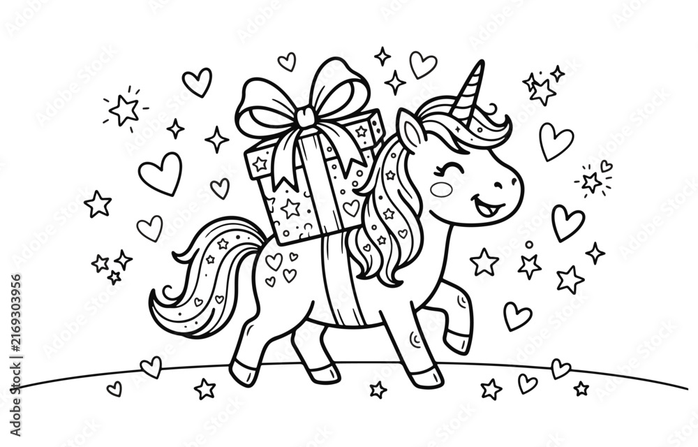 Fototapeta premium Charming unicorn carrying a large gift with hearts and stars surrounding it