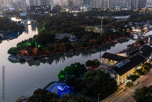 Wenzhou City Aerial Night View with Illuminated Riverside and Modern Skyline