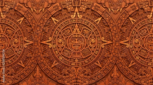 Carved wood Aztec Mayan calendar sun stone pattern