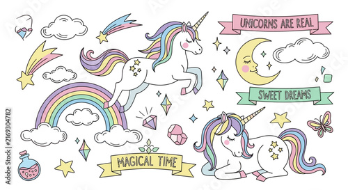 A comprehensive set of whimsical vector illustrations featuring various cartoon characters, nature elements, and decorative icons designed for creative graphic projects.