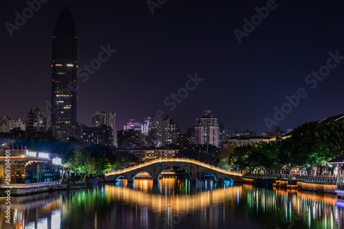 Wenzhou Nantang Bridge Night Scene with City Lights Reflection