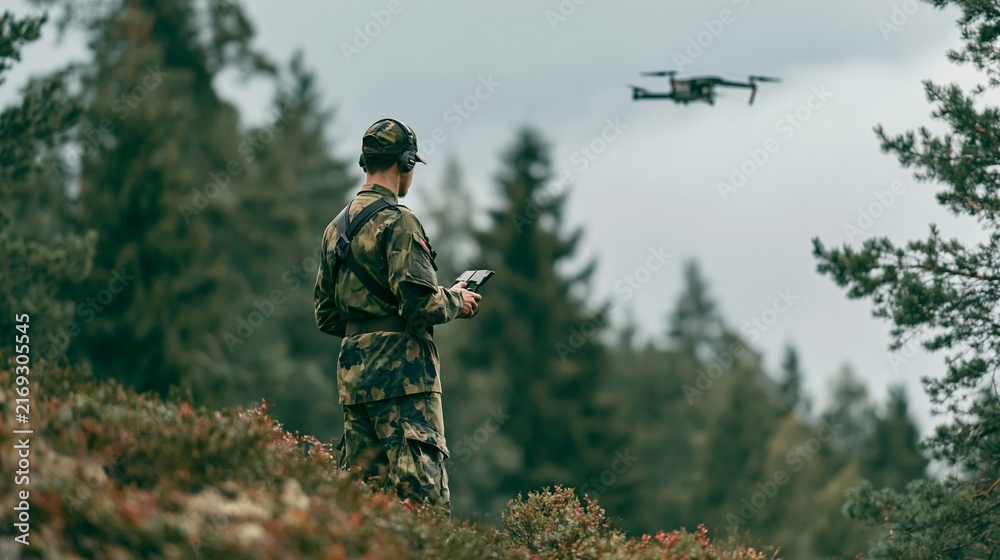 Fototapeta premium A person in camouflage gear operating a drone in a dense forest. The drone is flying in the misty sky above the trees