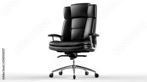 A black leather office chair with a high back and adjustable arms, placed against a white background.