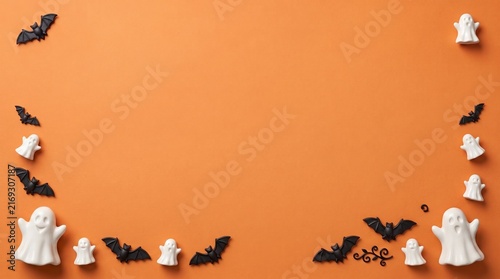 Halloween Decorations Border Design with Bats, Ghosts, and Spiderwebs. Festive Autumn Concept, Spooky Party Background.