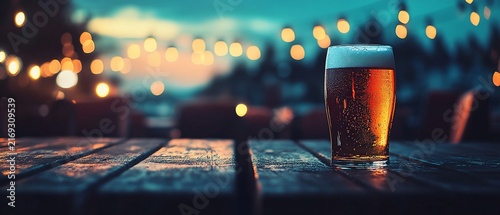 Pint of beer on a wooden table outdoors at dusk. Lights blurred in background