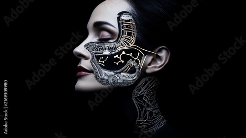 Profile of a woman, her face integrated with mechanical, intricate inner workings. Eyes closed