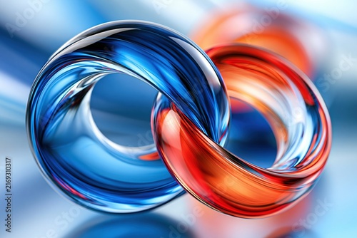 Interlocking blue and red glass rings on a luminous abstract background, ideal for connection, broadcast branding and technology concepts.