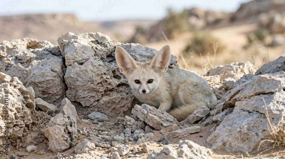 Naklejka premium Desert Fennec Fox Amidst Rocks: A small fennec fox with enormous ears peers cautiously from a rocky crevice in a dry, arid desert landscape, showcasing its adaptation to extreme environments.