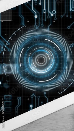 Animation of circular scanner and processing data on screen of tablet on desk
