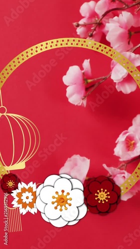 Animation of chinese traditional decorations and blossom on red background