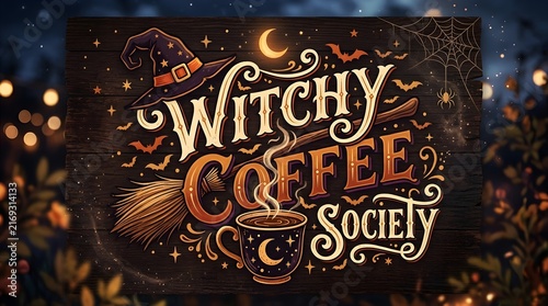 Witchy Coffee Society typography design with witch hat and moon illustration