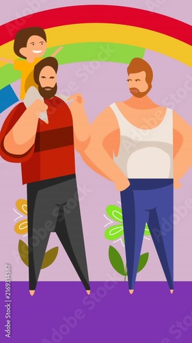 Animation of male gay couple with child over rainbow on purple background