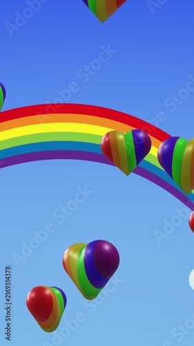 Animation of rainbow hearts over rainbow background