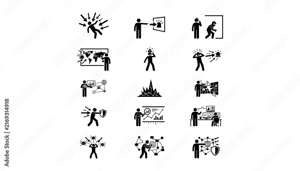 Fototapeta premium Collection of stick figure icons representing cybersecurity and digital threats